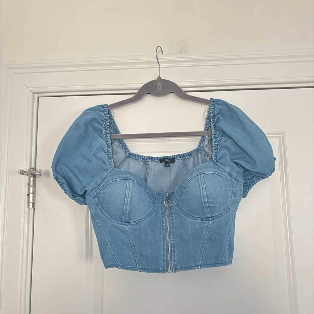 Light Denim Puff-Sleeve Corset Crop Top - Picture 4 of 5